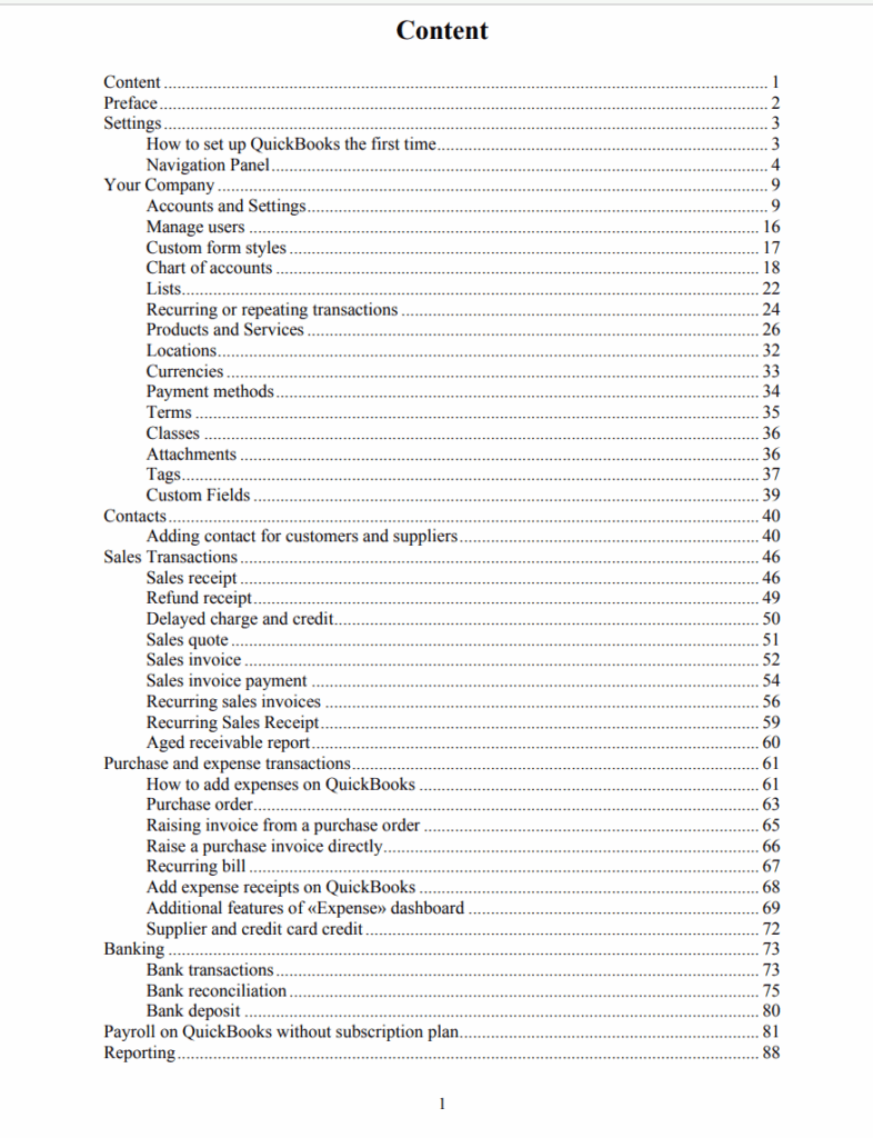 QuickBooks contents for ebook