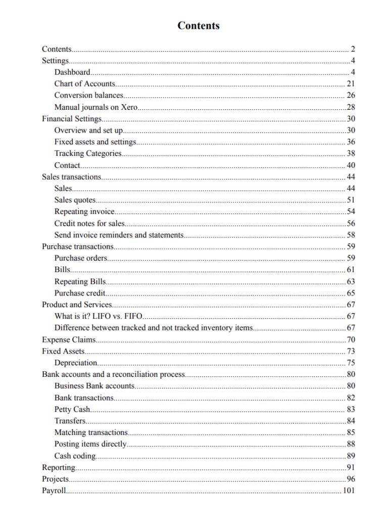 Xero contents for ebook